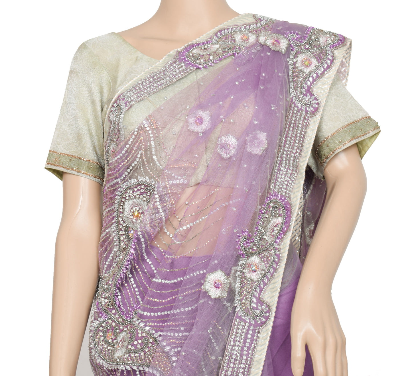 Sushila Vintage Lavender Designer Net Saree Hand Beaded Ready to Wear Sari