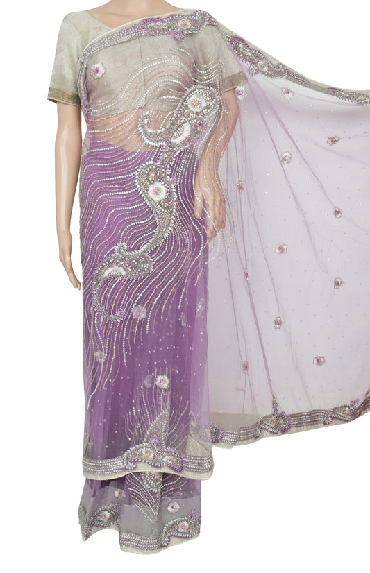 Sushila Vintage Lavender Designer Net Saree Hand Beaded Ready to Wear Sari