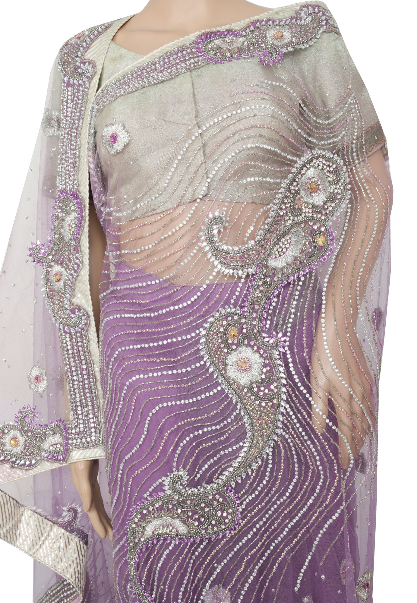 Sushila Vintage Lavender Designer Net Saree Hand Beaded Ready to Wear Sari