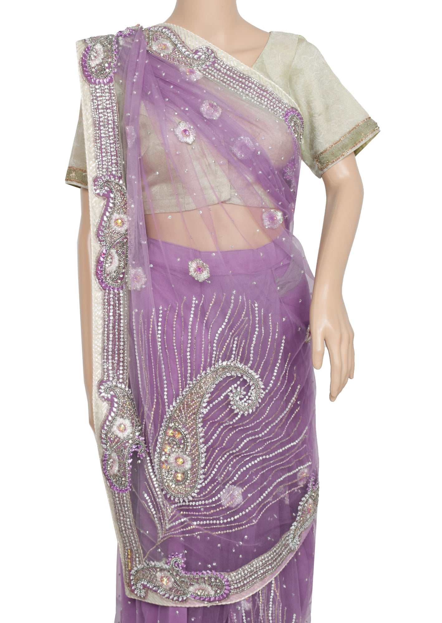 Sushila Vintage Lavender Designer Net Saree Hand Beaded Ready to Wear Sari