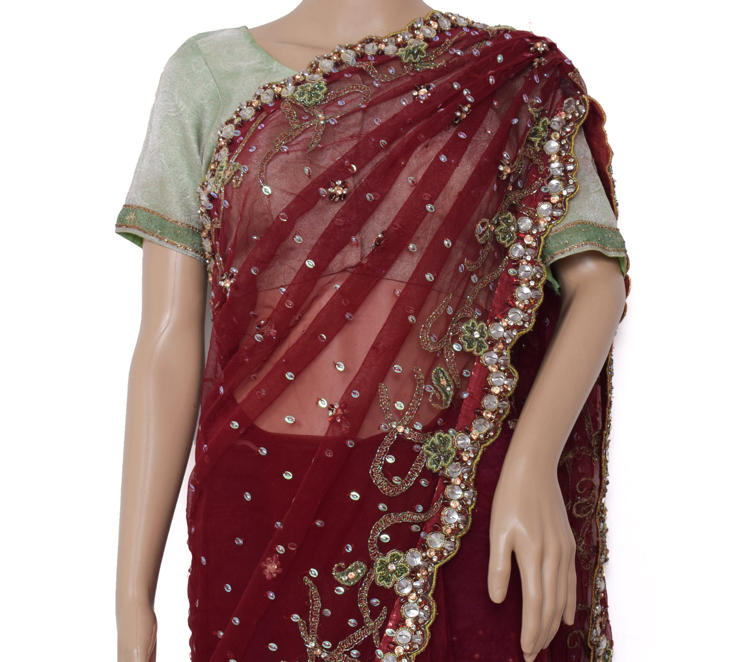 Sushila Vintage Maroon Saree Net Designer Stitched Ready to Wear Sari Fabric