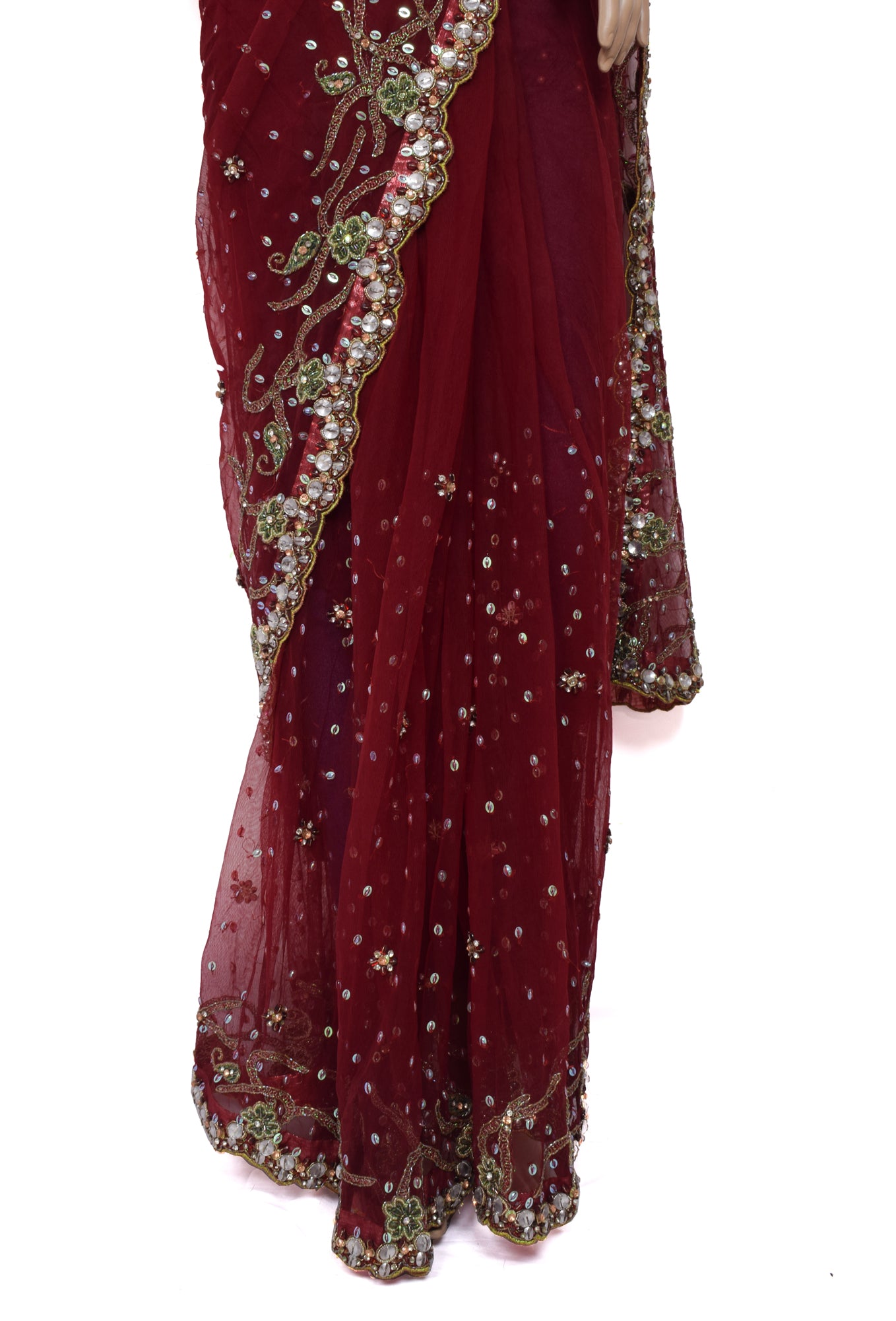 Sushila Vintage Maroon Saree Net Designer Stitched Ready to Wear Sari Fabric
