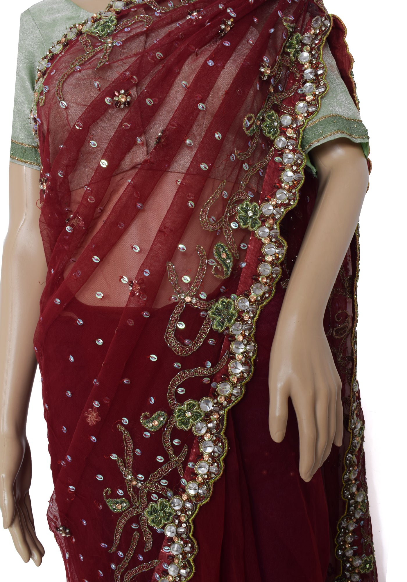 Sushila Vintage Maroon Saree Net Designer Stitched Ready to Wear Sari Fabric