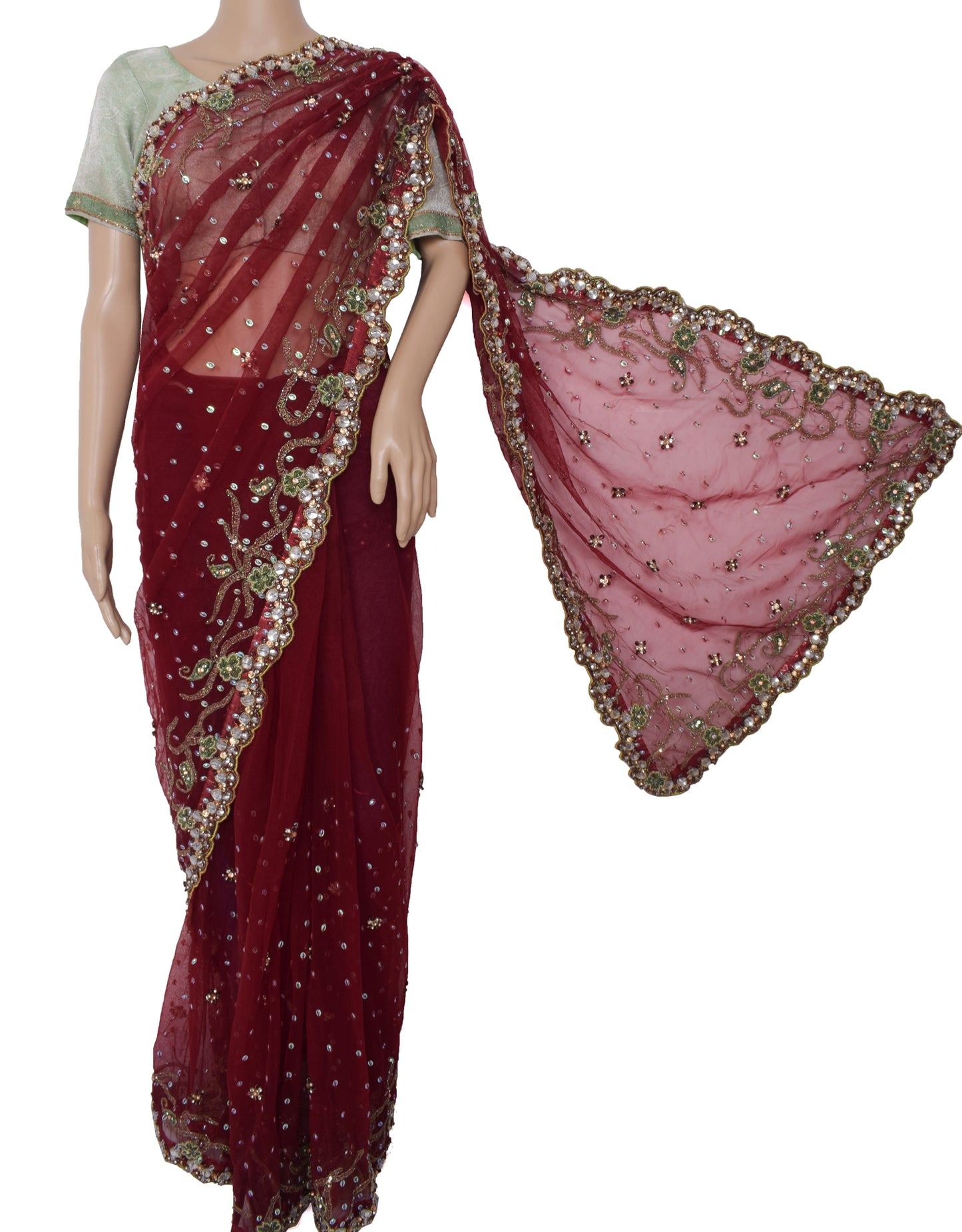 Sushila Vintage Maroon Saree Net Designer Stitched Ready to Wear Sari Fabric