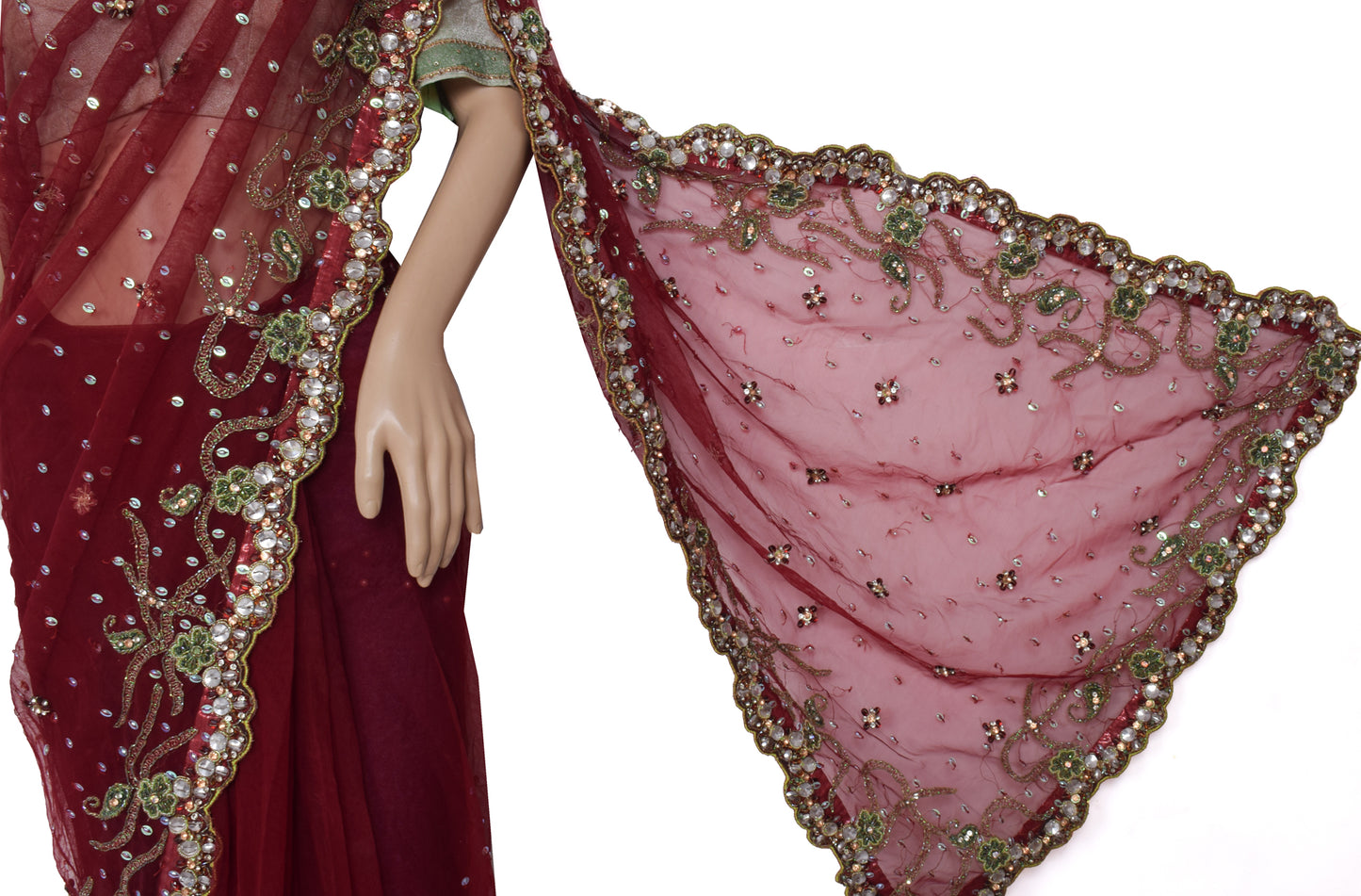 Sushila Vintage Maroon Saree Net Designer Stitched Ready to Wear Sari Fabric