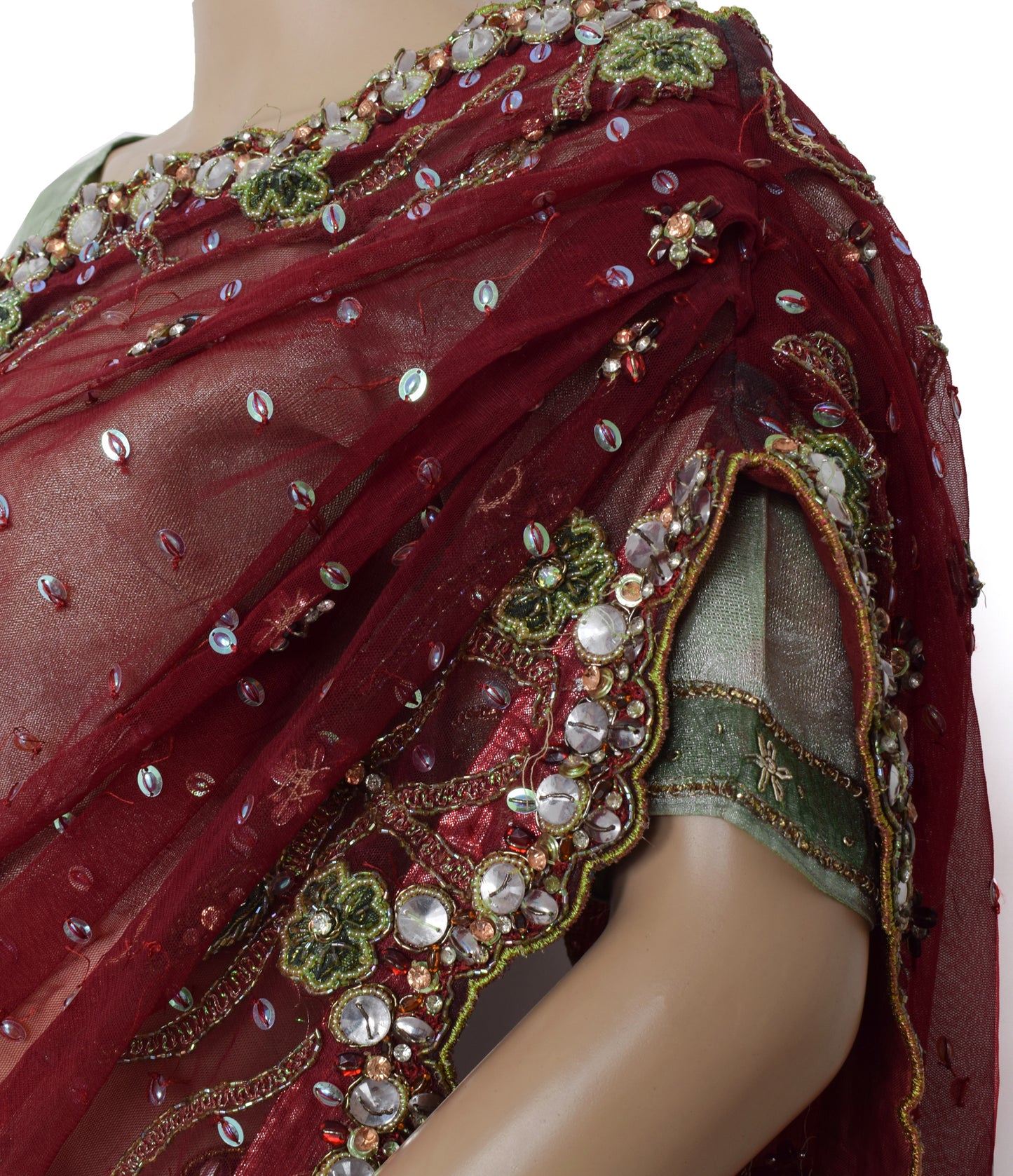 Sushila Vintage Maroon Saree Net Designer Stitched Ready to Wear Sari Fabric