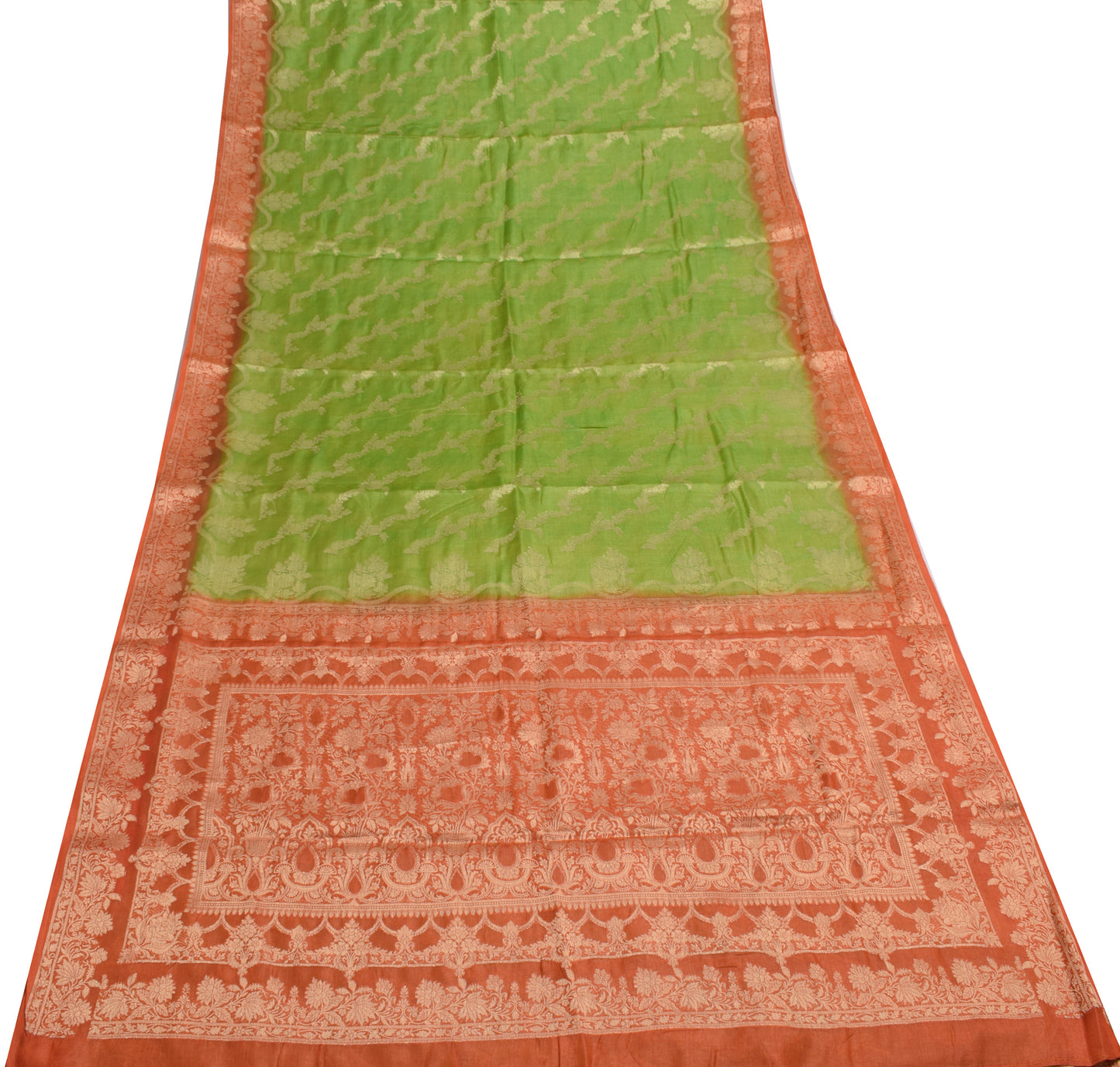 Sushila Vintage Green Saree 100% Pure Silk All Over Woven Floral Sari Fabric