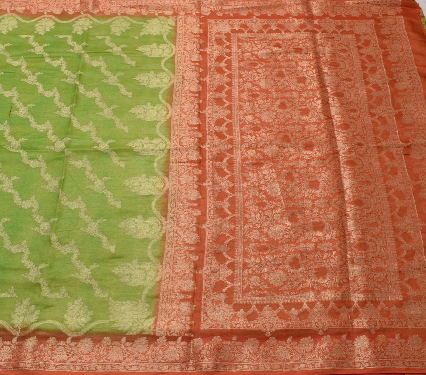 Sushila Vintage Green Saree 100% Pure Silk All Over Woven Floral Sari Fabric