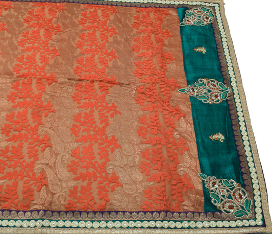 Sushila Vintage Multi-Color Heavy Net Saree Applique Work Paisley Sari Fabric