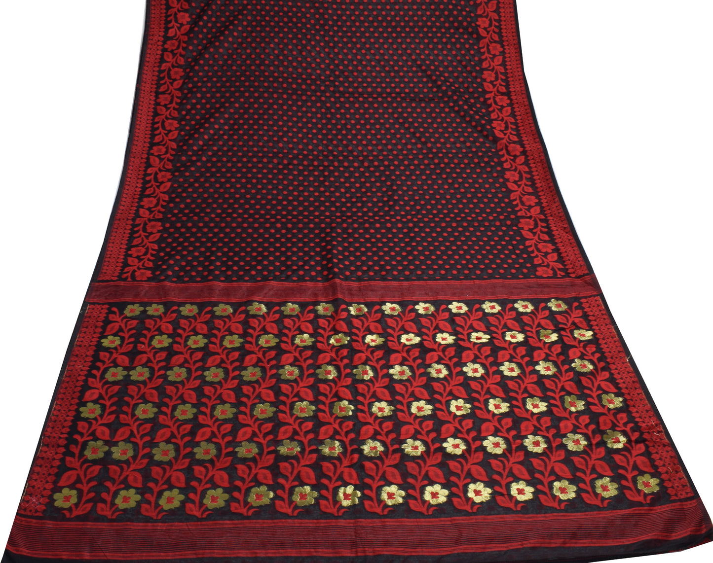 Sushila Vintage Black and Red Sari Floral Hand Woven Jamdani Saree Craft Fabric