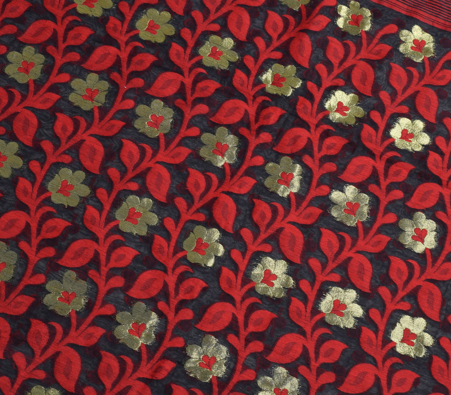 Sushila Vintage Black and Red Sari Floral Hand Woven Jamdani Saree Craft Fabric