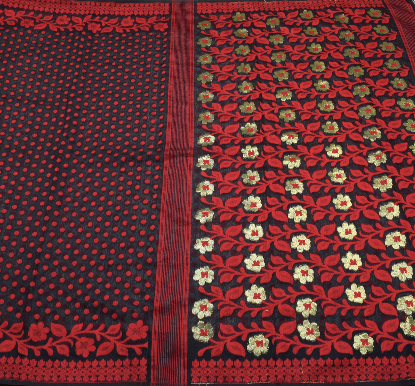 Sushila Vintage Black and Red Sari Floral Hand Woven Jamdani Saree Craft Fabric
