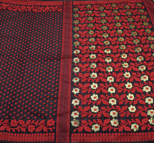 Sushila Vintage Black and Red Sari Floral Hand Woven Jamdani Saree Craft Fabric