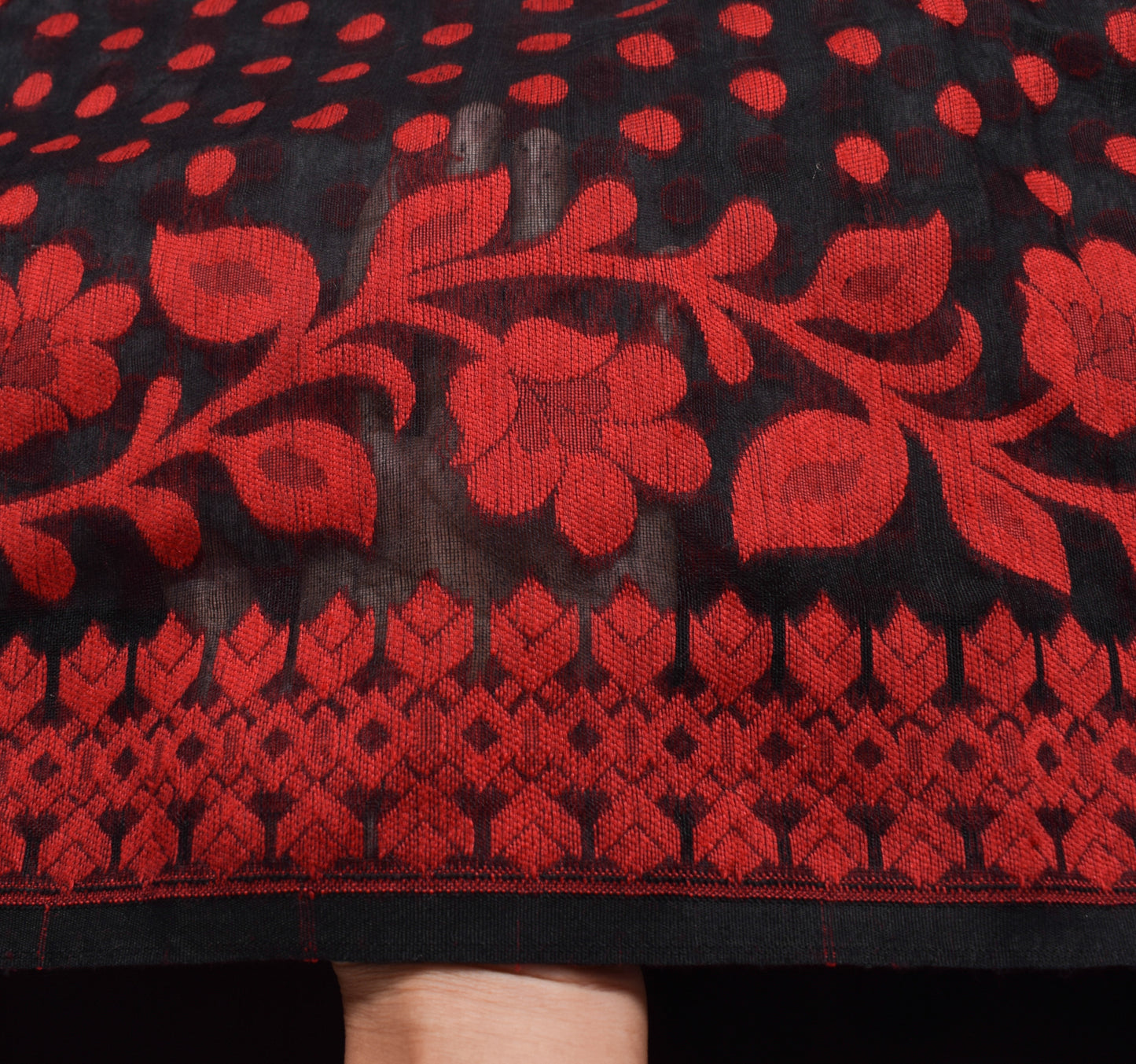 Sushila Vintage Black and Red Sari Floral Hand Woven Jamdani Saree Craft Fabric