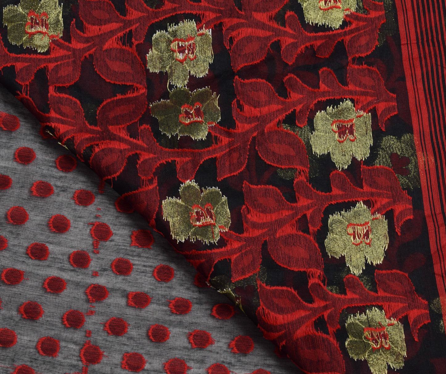 Sushila Vintage Black and Red Sari Floral Hand Woven Jamdani Saree Craft Fabric