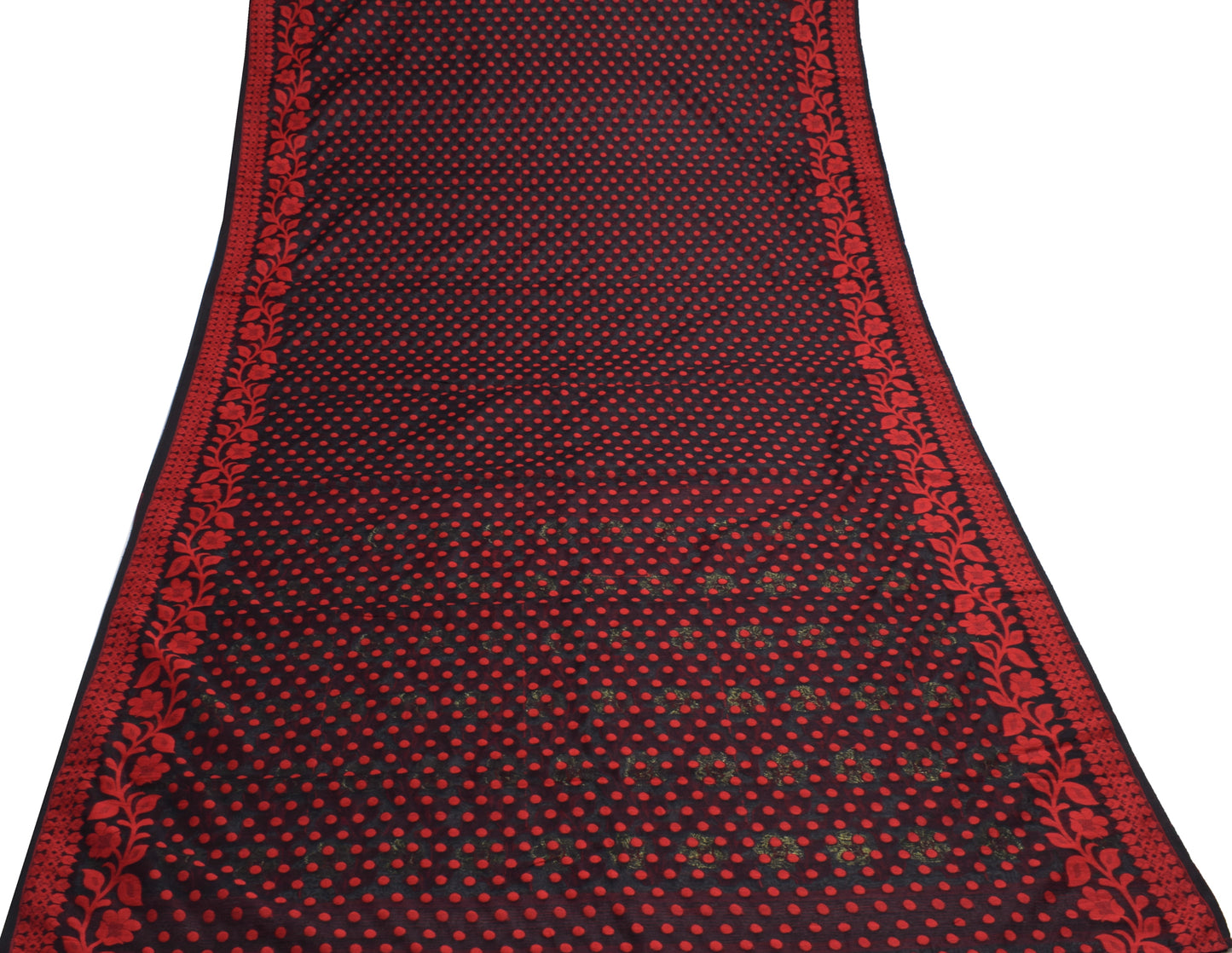 Sushila Vintage Black and Red Sari Floral Hand Woven Jamdani Saree Craft Fabric