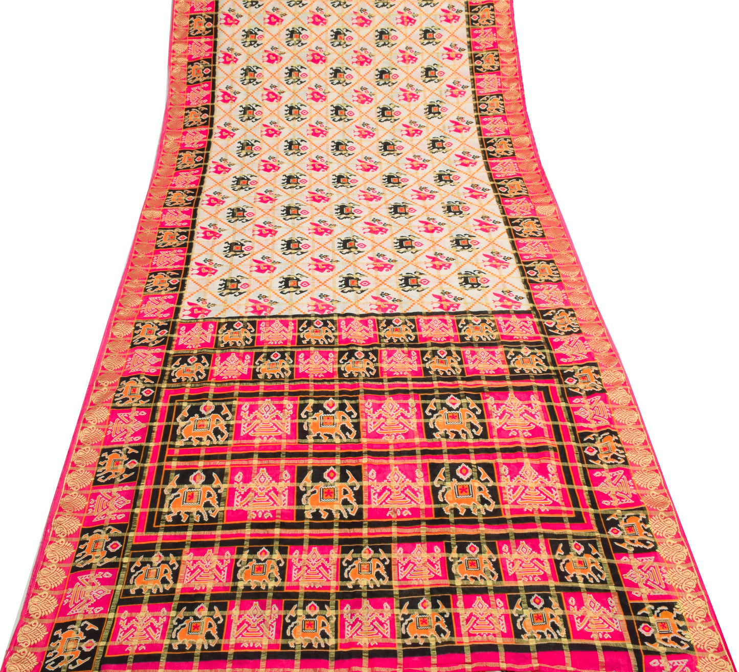 Sushila Vintage White Saree Patan Patola Ikkat Print Pure Cotton Sari Fabric