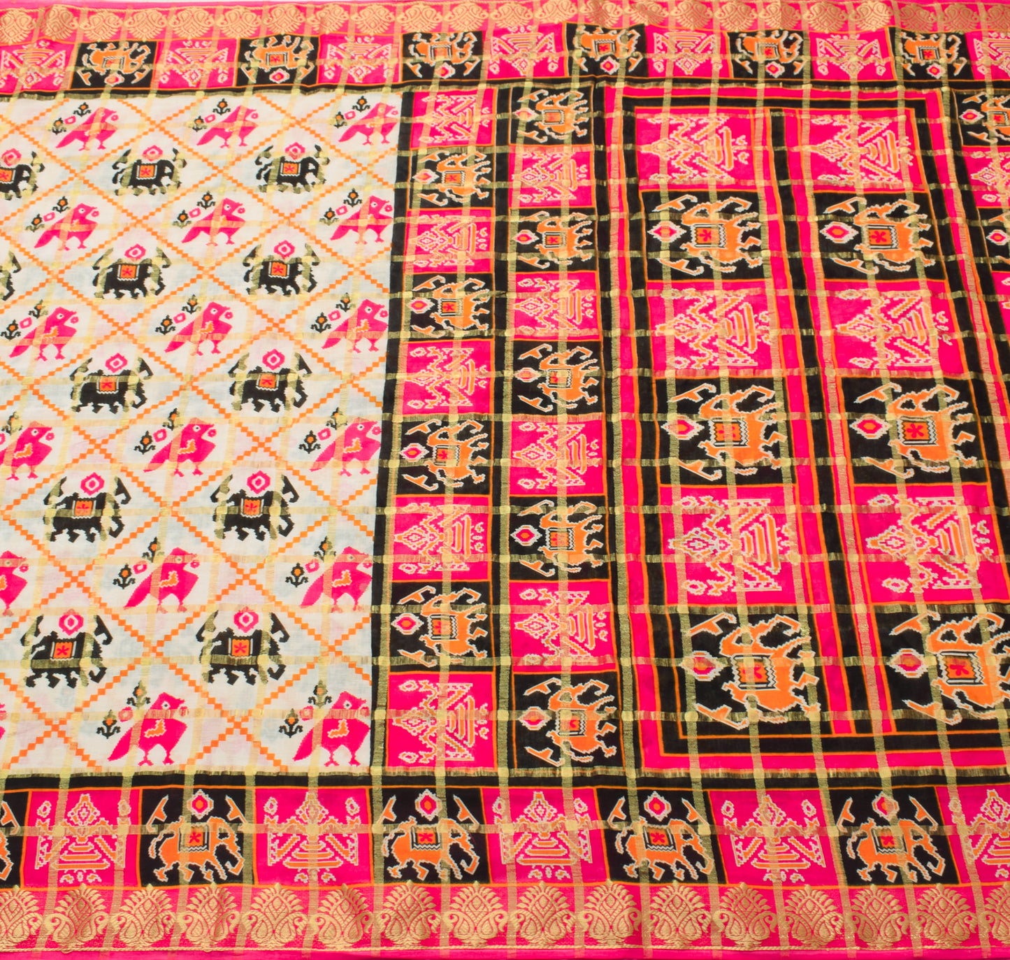 Sushila Vintage White Saree Patan Patola Ikkat Print Pure Cotton Sari Fabric