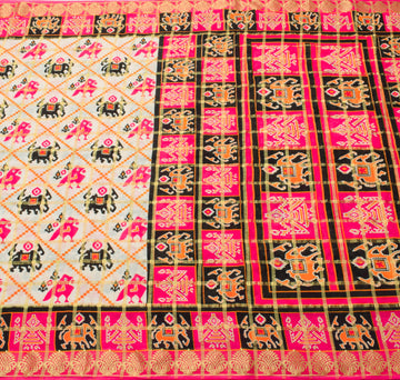 Sushila Vintage White Saree Patan Patola Ikkat Print Pure Cotton Sari Fabric