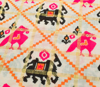 Sushila Vintage White Saree Patan Patola Ikkat Print Pure Cotton Sari Fabric