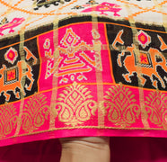 Sushila Vintage White Saree Patan Patola Ikkat Print Pure Cotton Sari Fabric