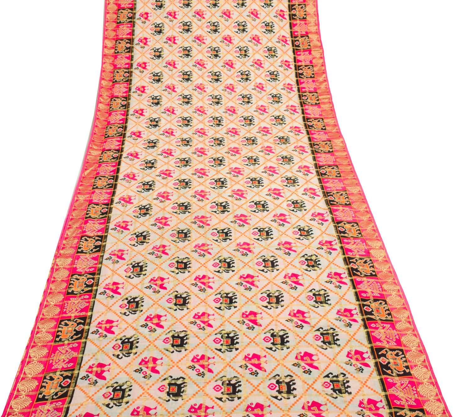 Sushila Vintage White Saree Patan Patola Ikkat Print Pure Cotton Sari Fabric