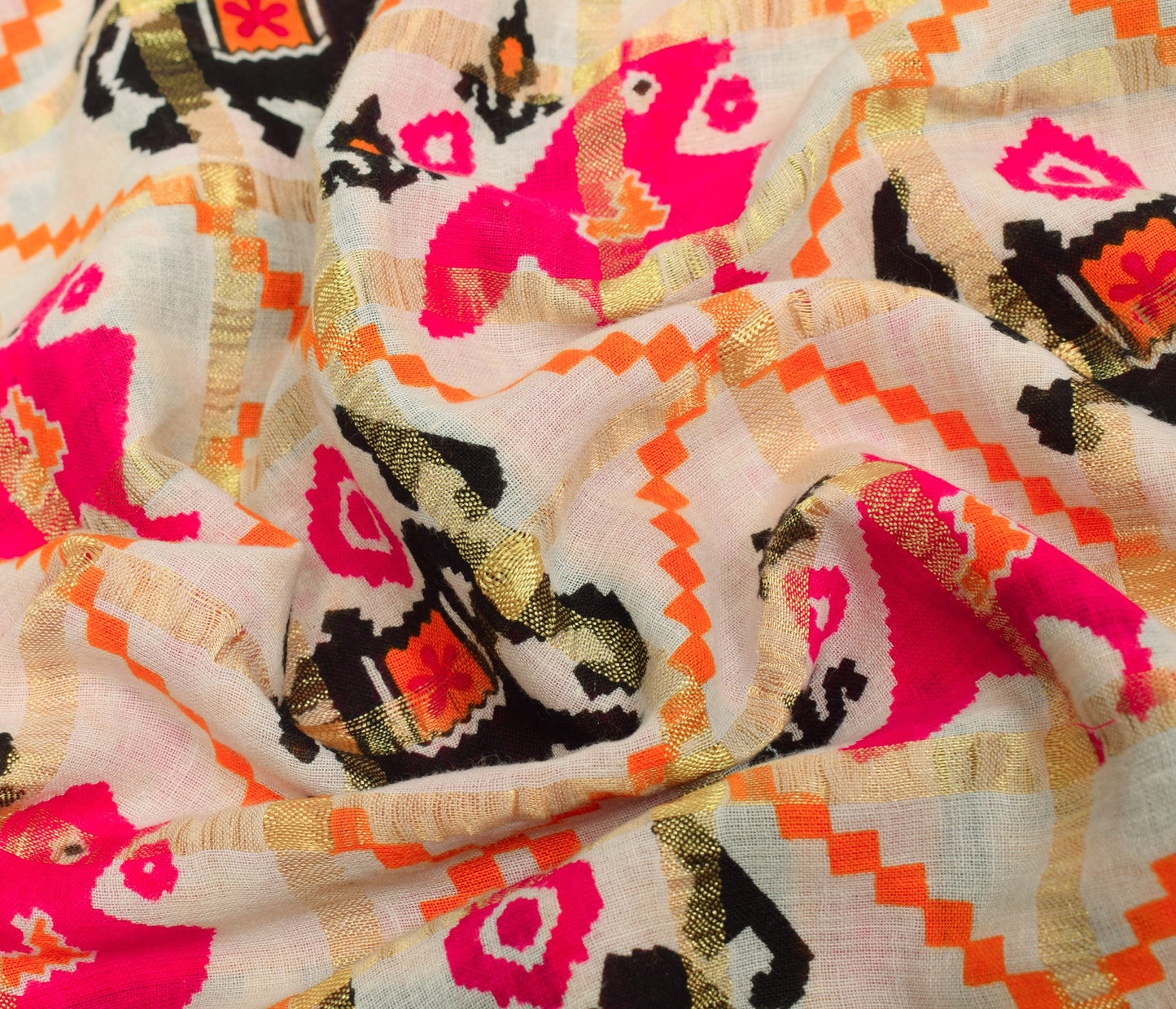 Sushila Vintage White Saree Patan Patola Ikkat Print Pure Cotton Sari Fabric