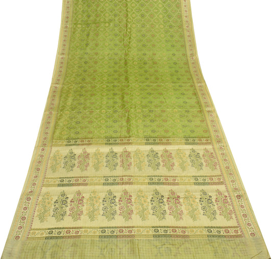 Sushila Vintage Green Saree 100% Pure Silk All Over Woven Paisley Sari Fabric