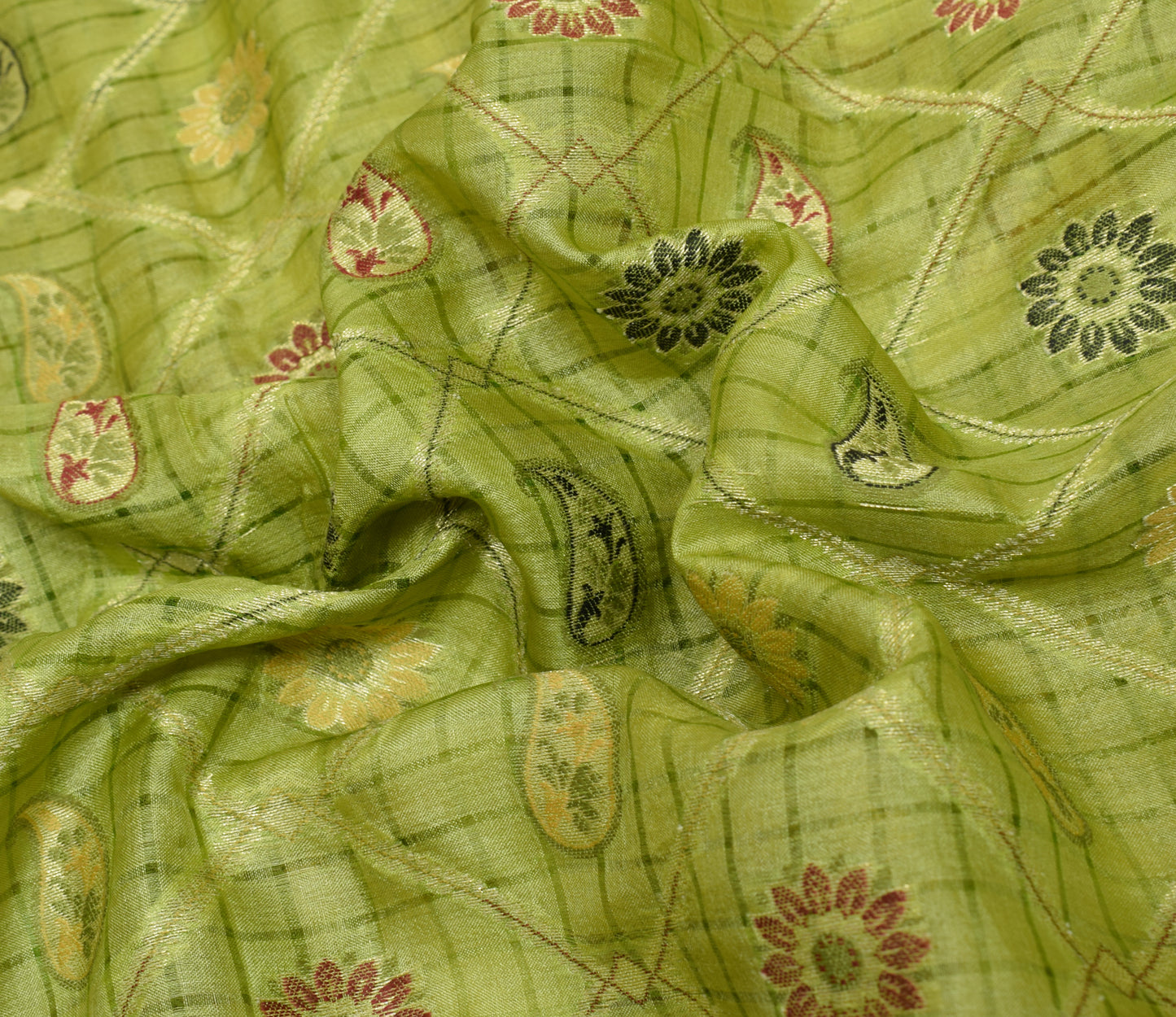 Sushila Vintage Green Saree 100% Pure Silk All Over Woven Paisley Sari Fabric