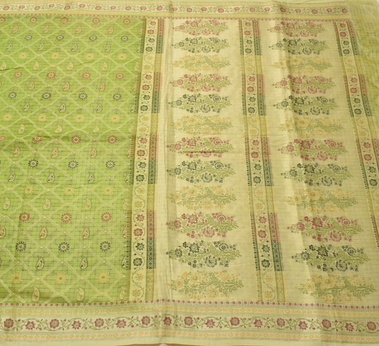 Sushila Vintage Green Saree 100% Pure Silk All Over Woven Paisley Sari Fabric