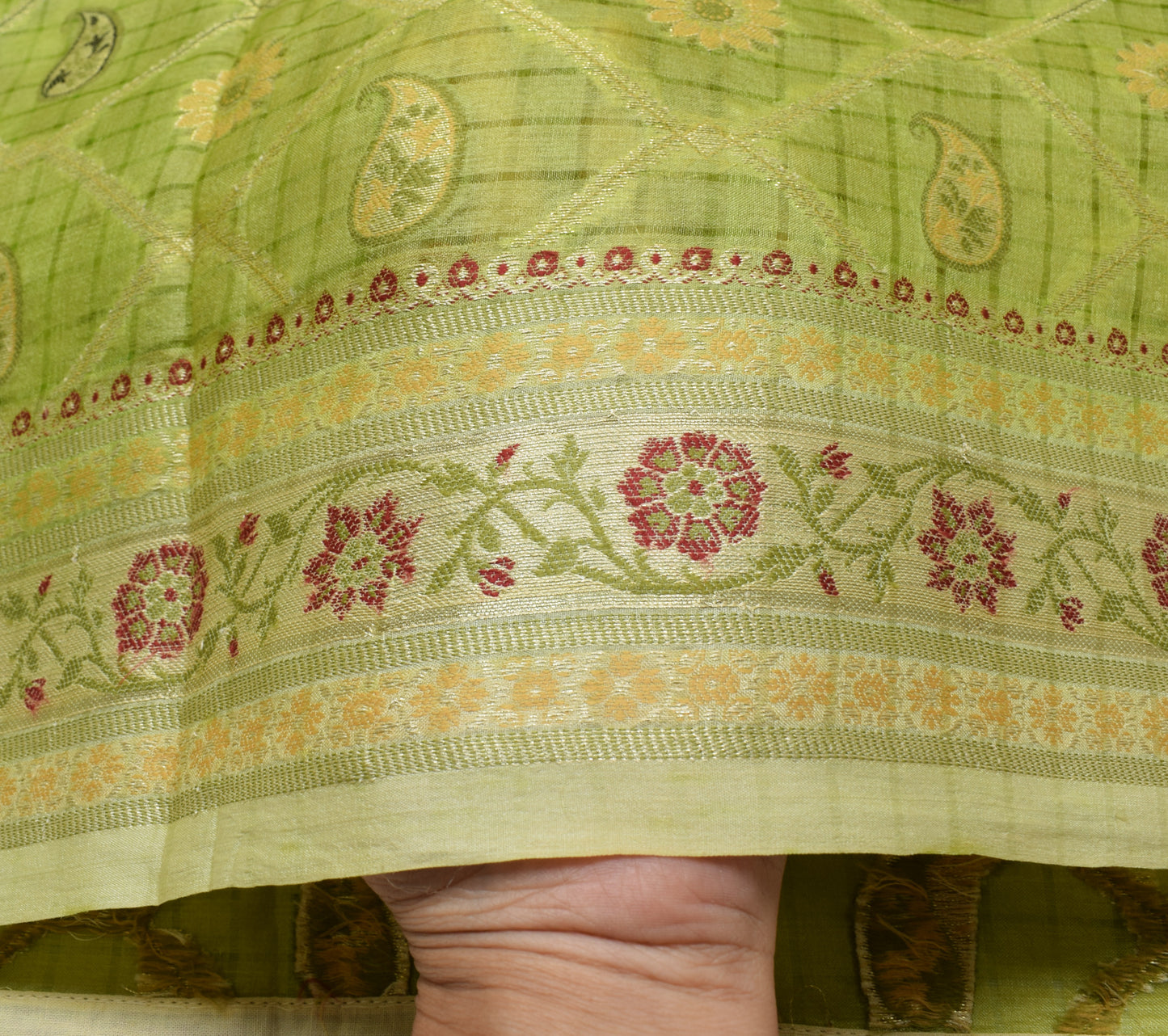 Sushila Vintage Green Saree 100% Pure Silk All Over Woven Paisley Sari Fabric