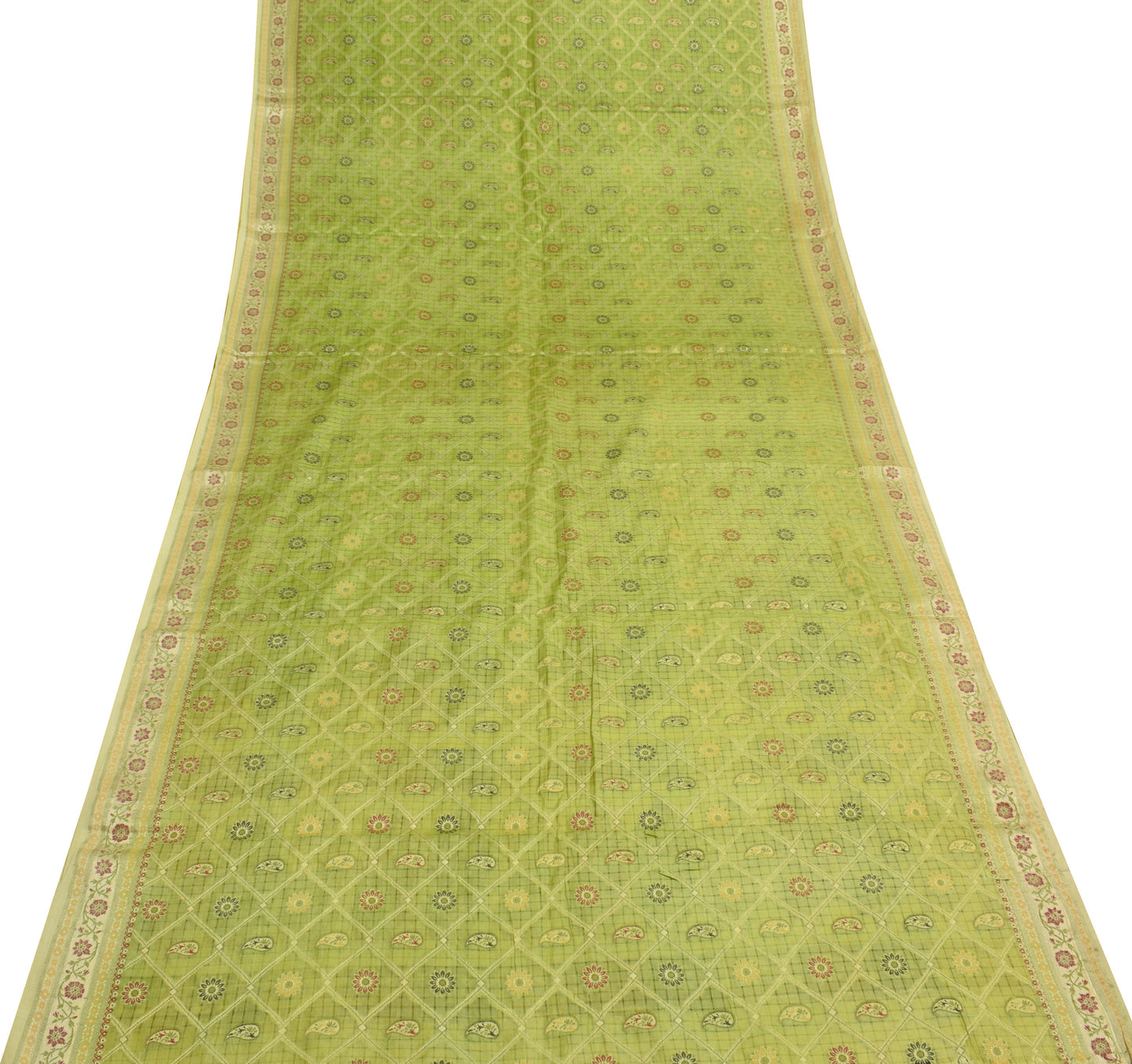 Sushila Vintage Green Saree 100% Pure Silk All Over Woven Paisley Sari Fabric