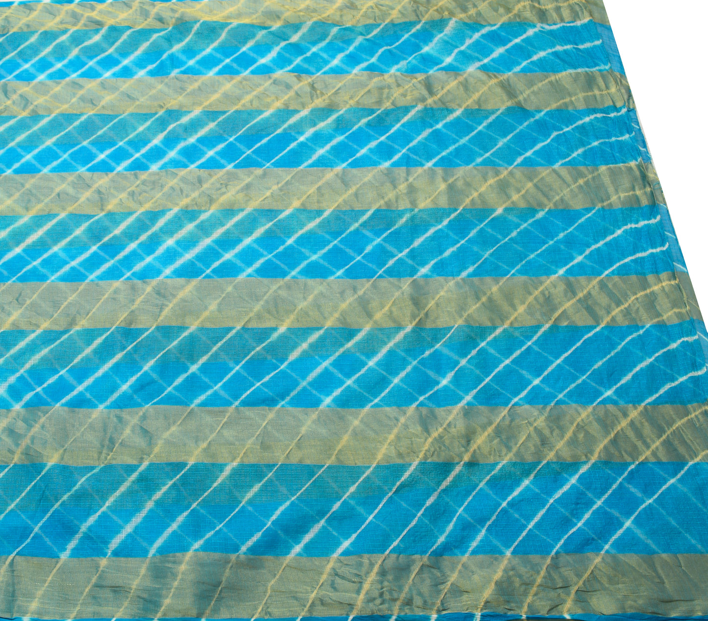 Sushila Vintage Turquoise Blue Indian Saree Art Silk Stripes Woven Sari Fabric