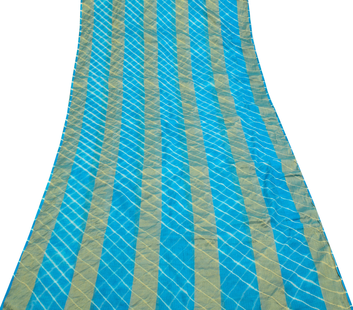 Sushila Vintage Turquoise Blue Indian Saree Art Silk Stripes Woven Sari Fabric