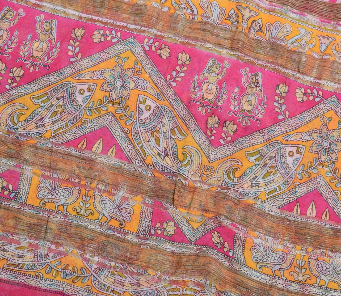 Sushila Vintage Pink Madhubani Painted Art Cotton Saree Featuring Fish Motifs