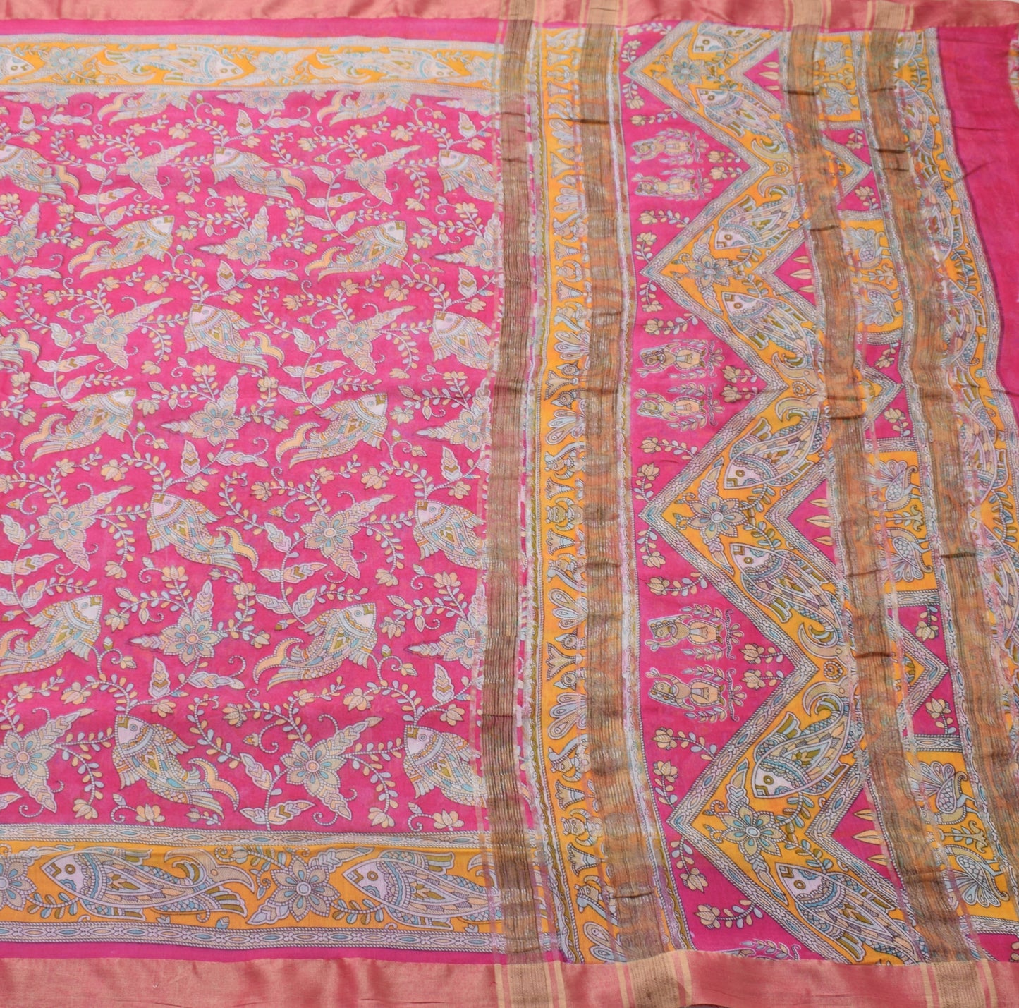 Sushila Vintage Pink Madhubani Painted Art Cotton Saree Featuring Fish Motifs