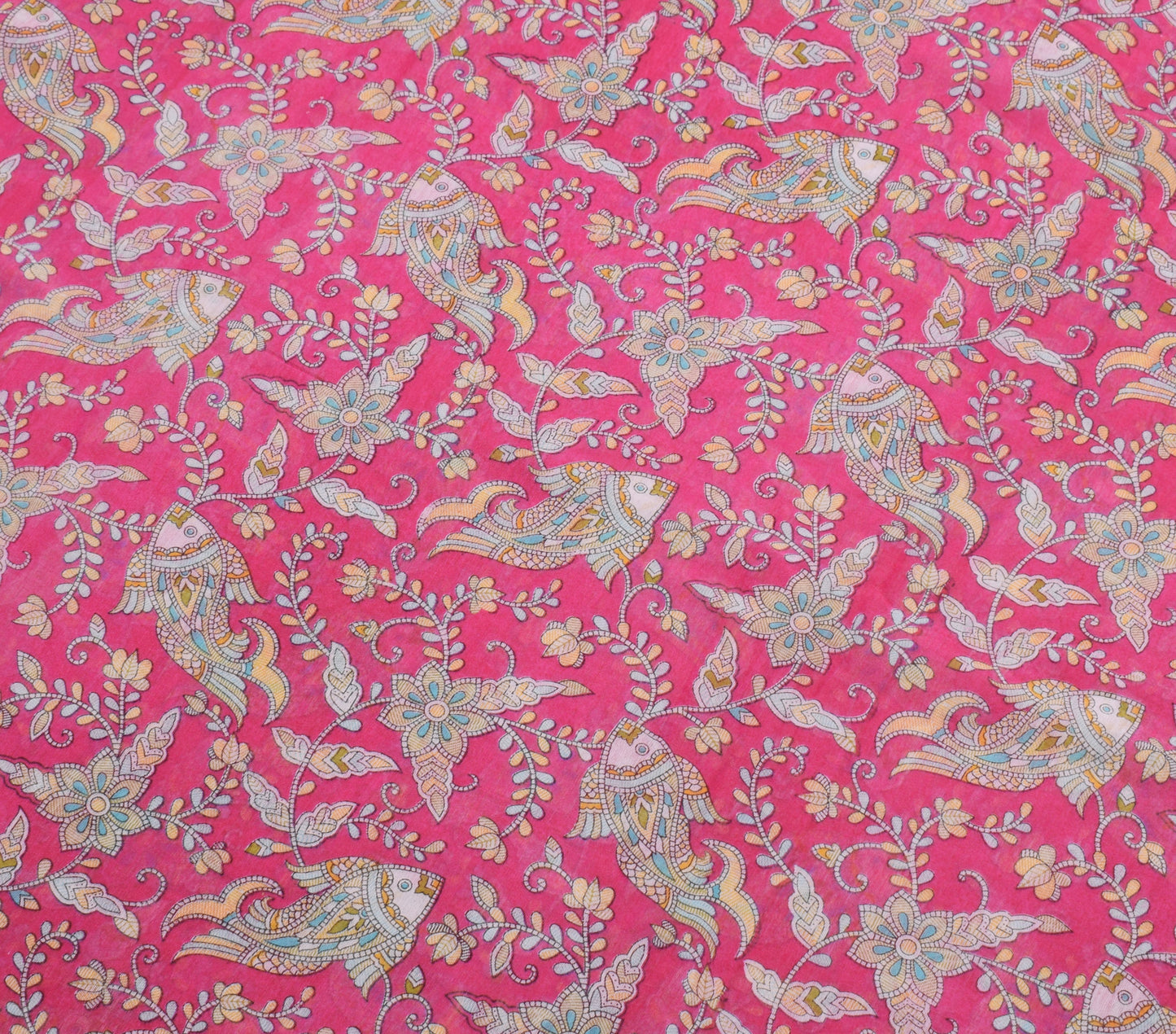 Sushila Vintage Pink Madhubani Painted Art Cotton Saree Featuring Fish Motifs