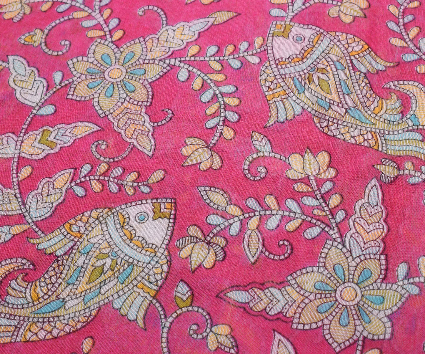 Sushila Vintage Pink Madhubani Painted Art Cotton Saree Featuring Fish Motifs