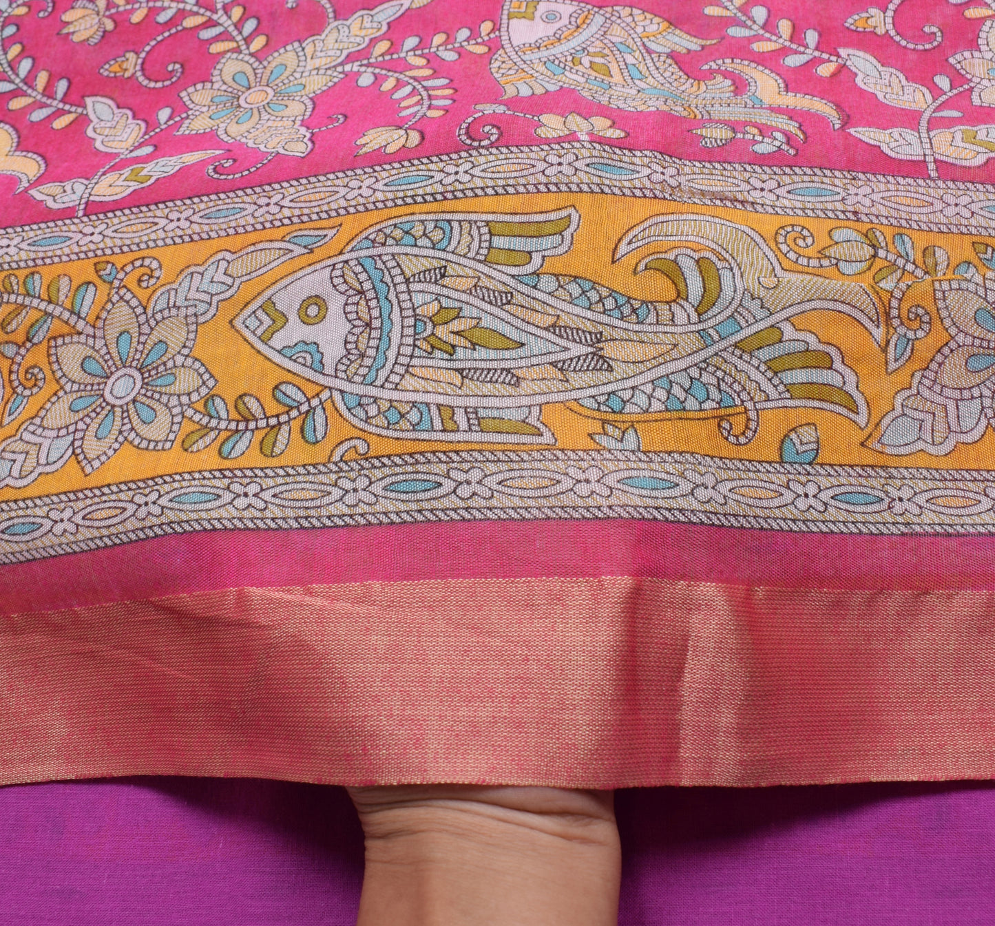 Sushila Vintage Pink Madhubani Painted Art Cotton Saree Featuring Fish Motifs