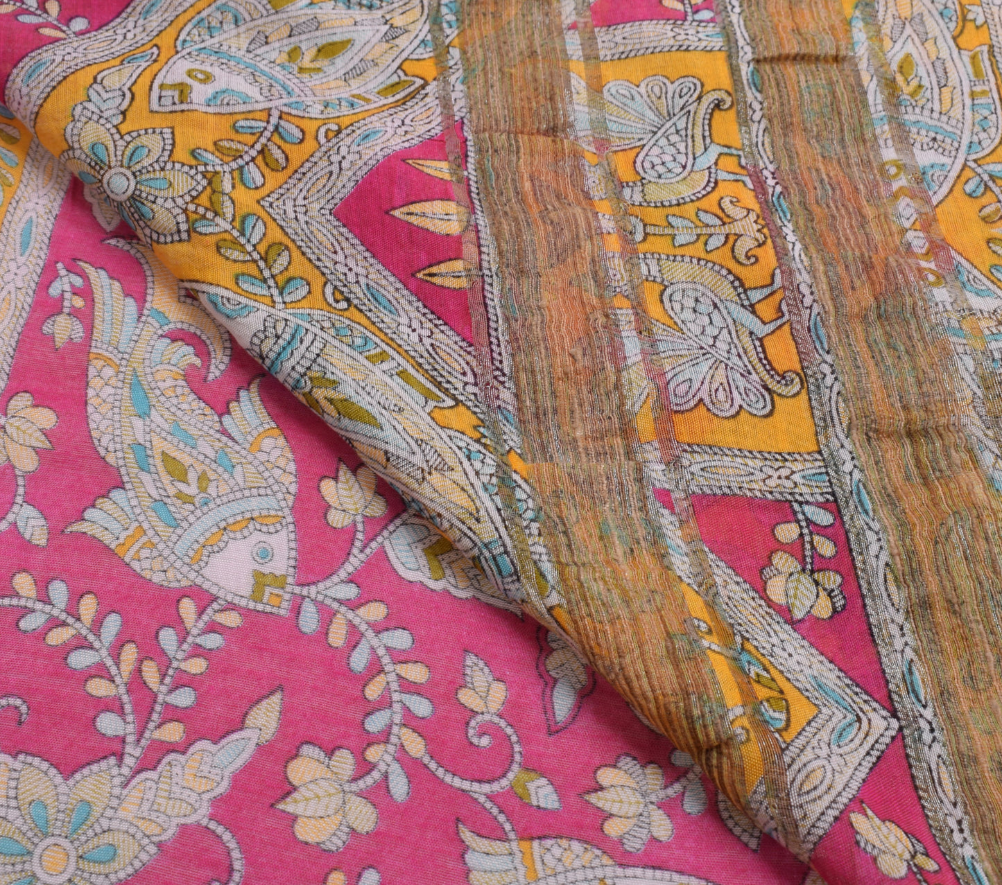 Sushila Vintage Pink Madhubani Painted Art Cotton Saree Featuring Fish Motifs
