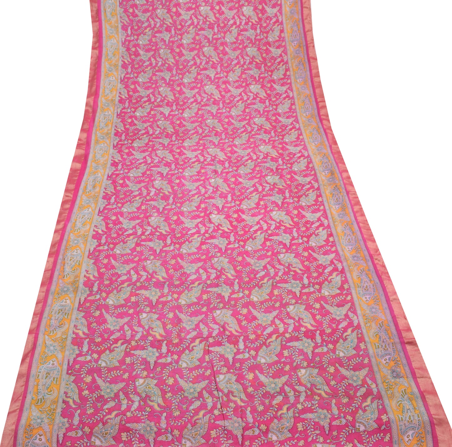 Sushila Vintage Pink Madhubani Painted Art Cotton Saree Featuring Fish Motifs