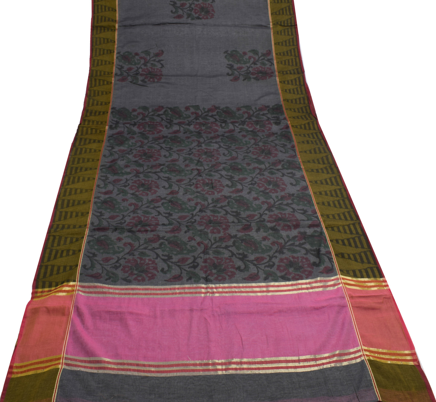 Sushila Vintage Dark Gray Saree Blend Cotton Floral Woven Sari Craft 5 YD Fabric