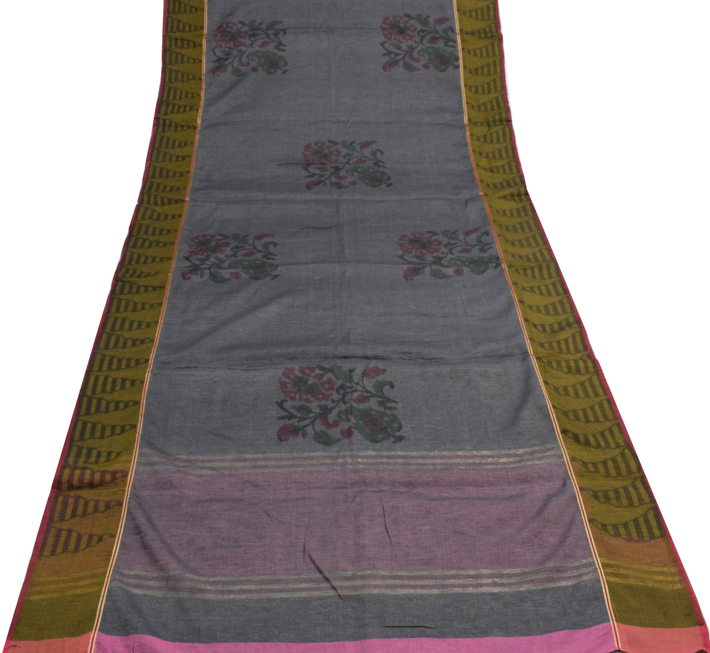 Sushila Vintage Dark Gray Saree Blend Cotton Floral Woven Sari Craft 5 YD Fabric