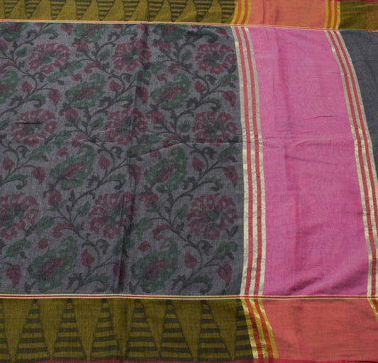 Sushila Vintage Dark Gray Saree Blend Cotton Floral Woven Sari Craft 5 YD Fabric