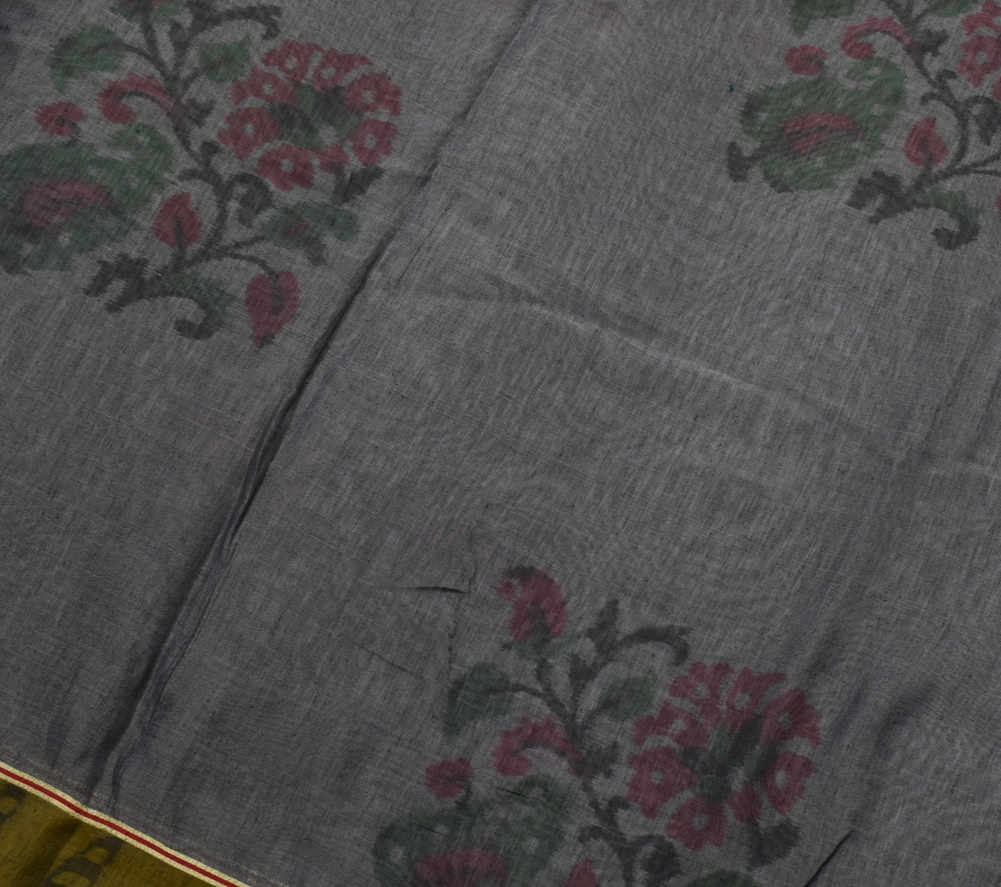 Sushila Vintage Dark Gray Saree Blend Cotton Floral Woven Sari Craft 5 YD Fabric