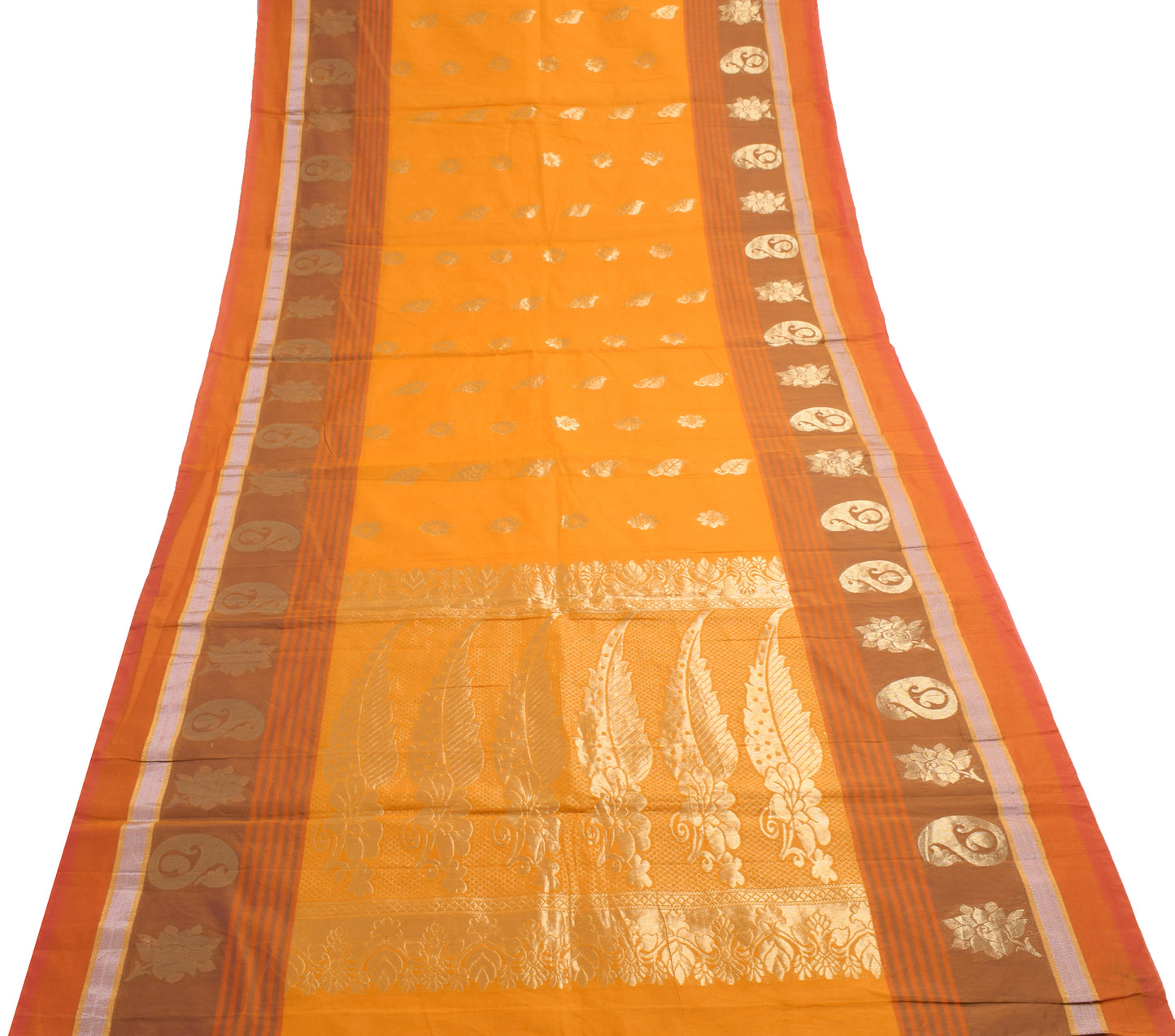 Sushila Vintage Orange Saree Blend Cotton Silk Woven Paisley Sari Craft Fabric