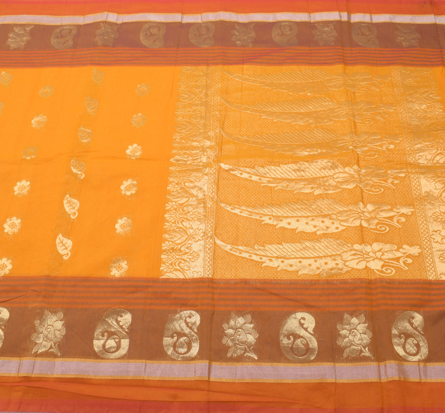 Sushila Vintage Orange Saree Blend Cotton Silk Woven Paisley Sari Craft Fabric
