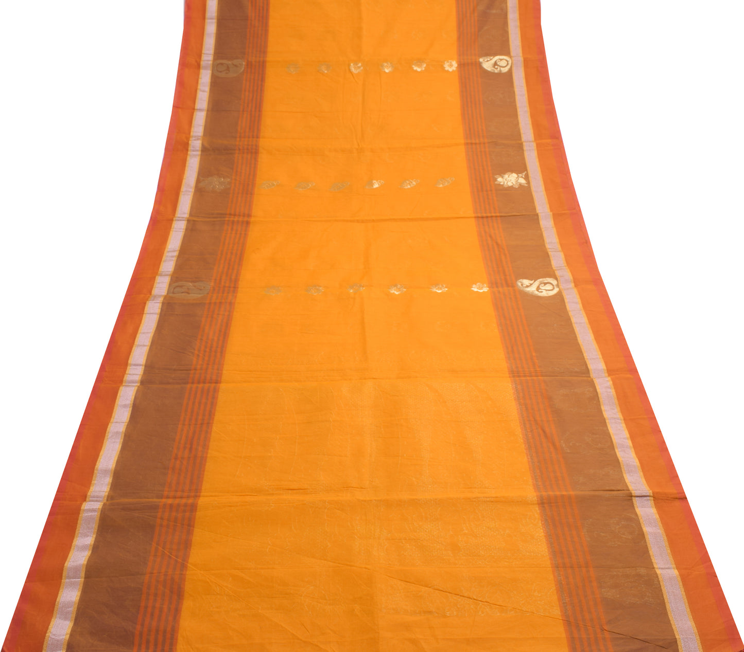 Sushila Vintage Orange Saree Blend Cotton Silk Woven Paisley Sari Craft Fabric