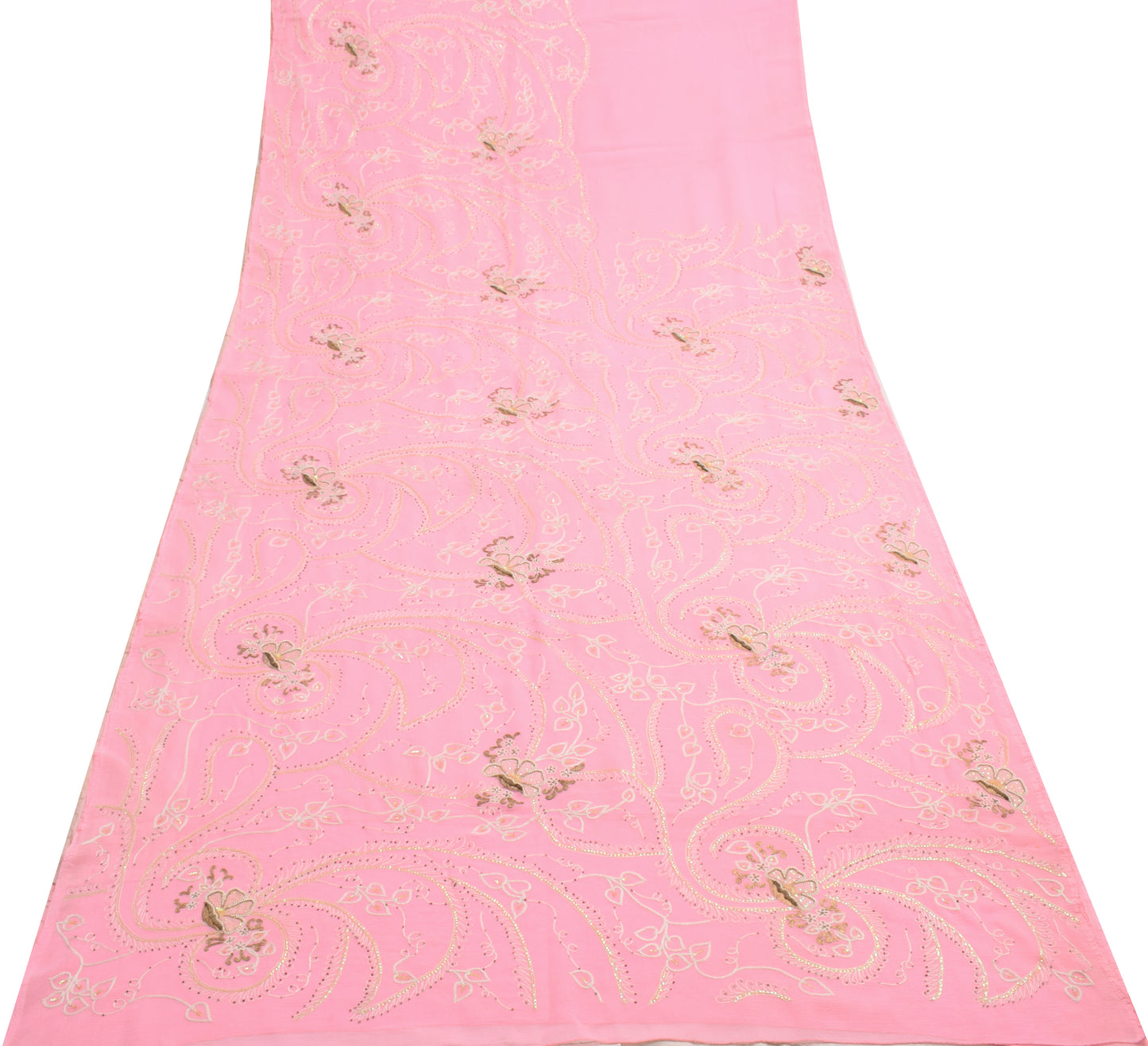Sushila Vintage Pink Saree Blend Chiffon Silk Embroidered Floral Sari Fabric