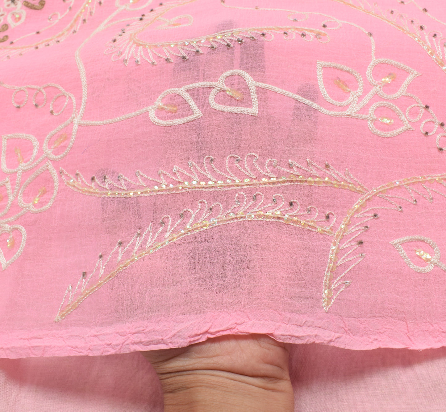 Sushila Vintage Pink Saree Blend Chiffon Silk Embroidered Floral Sari Fabric